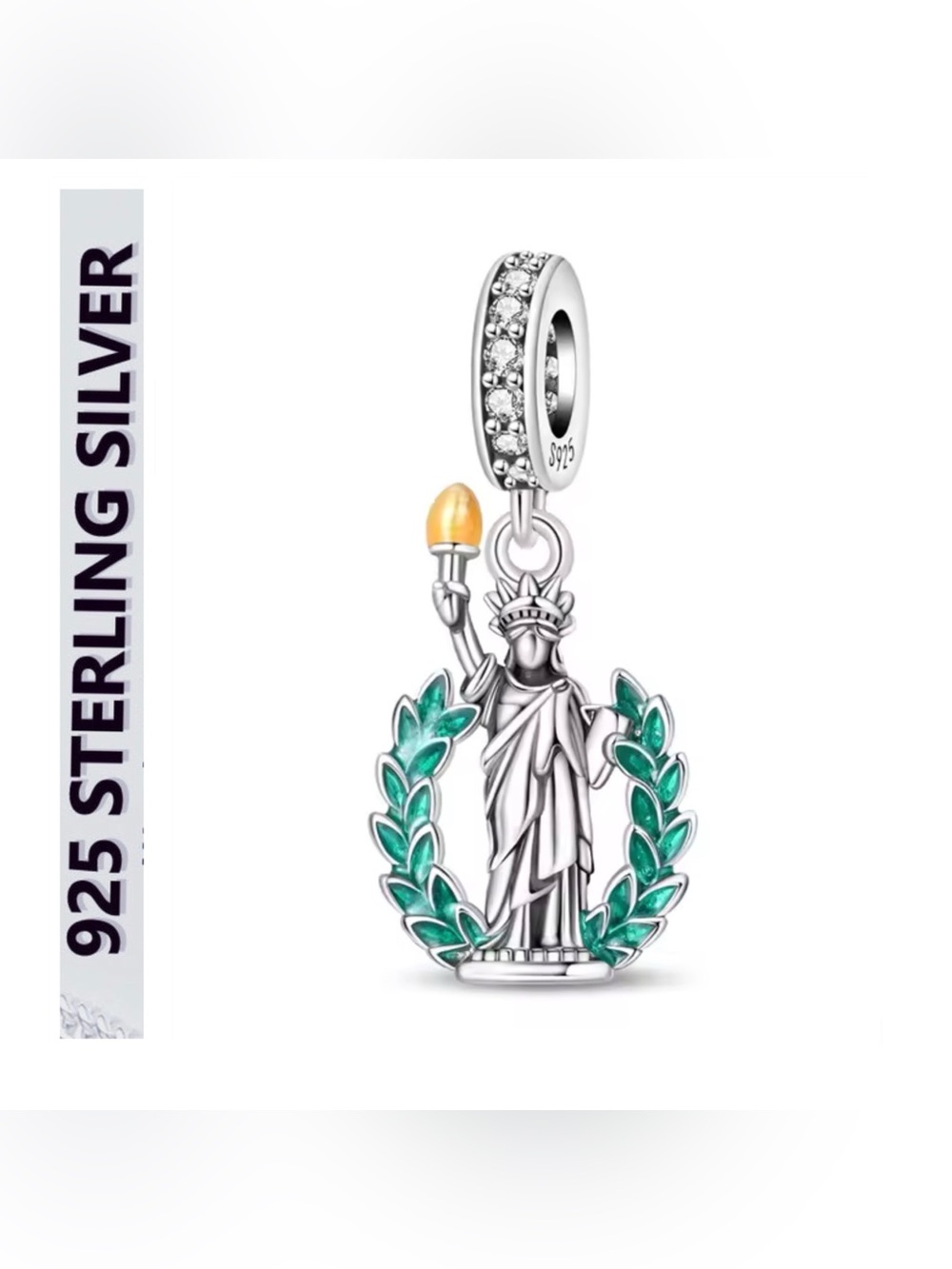 🌟🌟 S925 Sterling Silver Statue of Liberty Charm Pendant with Green Accents